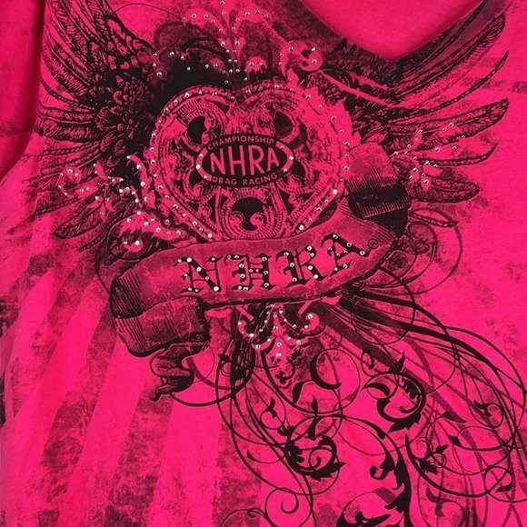 NHRA Championship Drag Racing 90's Y2K Hot Pink V-Neck Short Sleeve Top Size XL - Picture 2 of 6